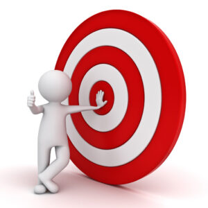 3D stick figure leaning against a large red and white target while giving a thumbs-up