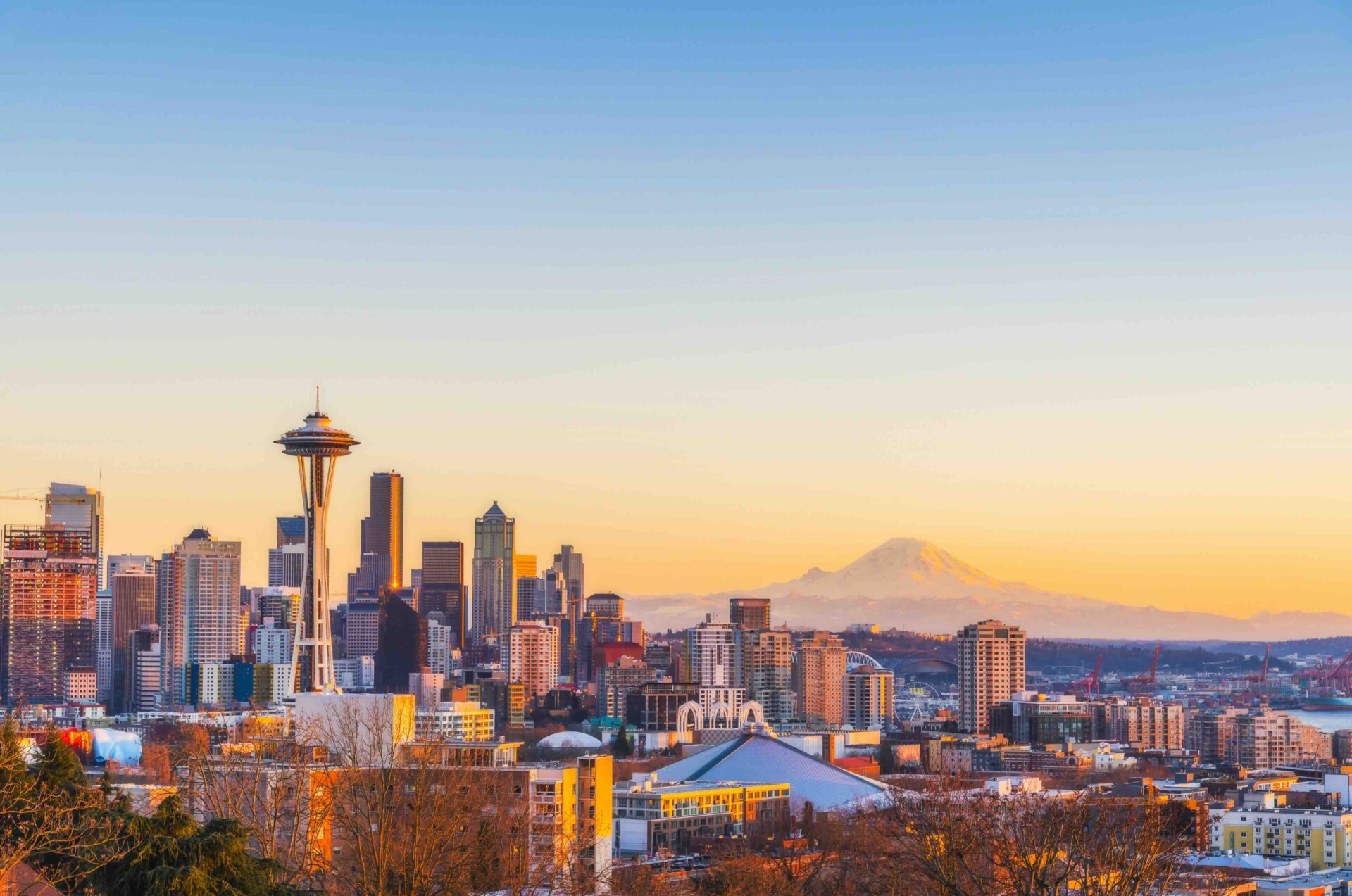 beautiful Seattle city skyline on the sunset,Washington,usa.