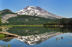 Snow-capped mountain peak perfectly reflecting on the calm surface of a pine-lined lake