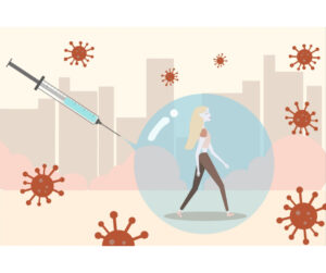 Graphic of woman in a bubble protected from germs