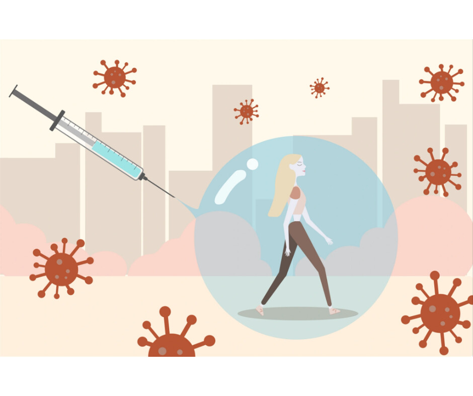 Graphic of woman in a bubble protected from germs