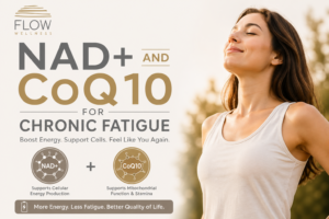 NAD+ and CoQ10 for chronic fatigue infographic by Flow Wellness showing cellular energy support, improved mitochondrial function, and increased energy with a woman feeling refreshed outdoors