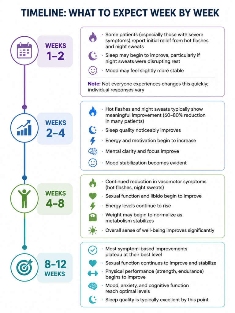 timeline of HRT symptom improvements with Flow Wellness