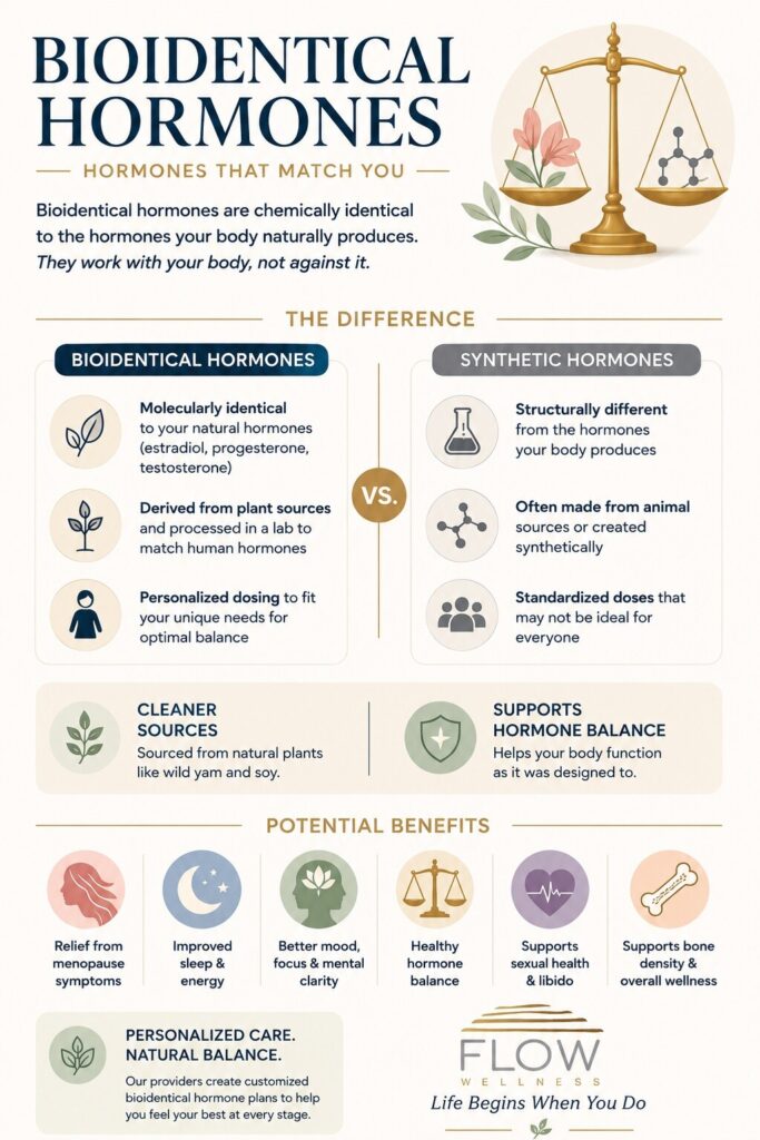 Infographic comparing bioidentical and synthetic hormones, highlighting benefits, sources, and personalized treatment options