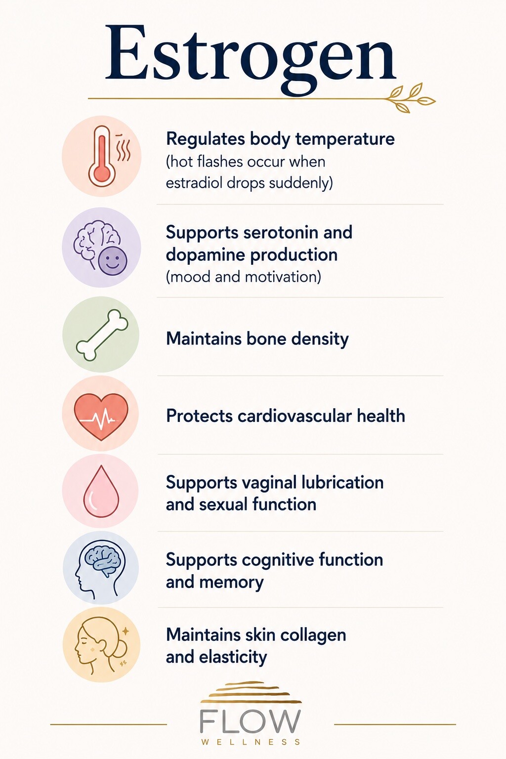 Infographic outlining estrogen’s role in regulating temperature, mood, bone health, memory, and skin elasticity