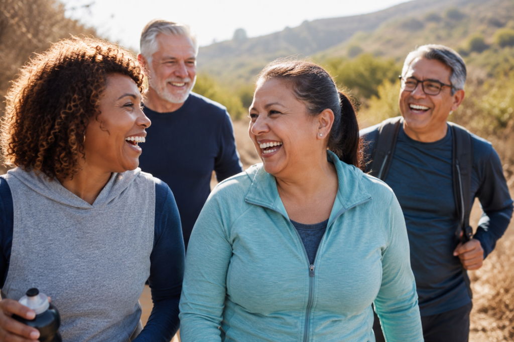Happy diverse group of middle-aged adults laughing together during an outdoor hike, representing improved health, quality of life, and wellness with GLP-1 therapy from Flow Wellness.