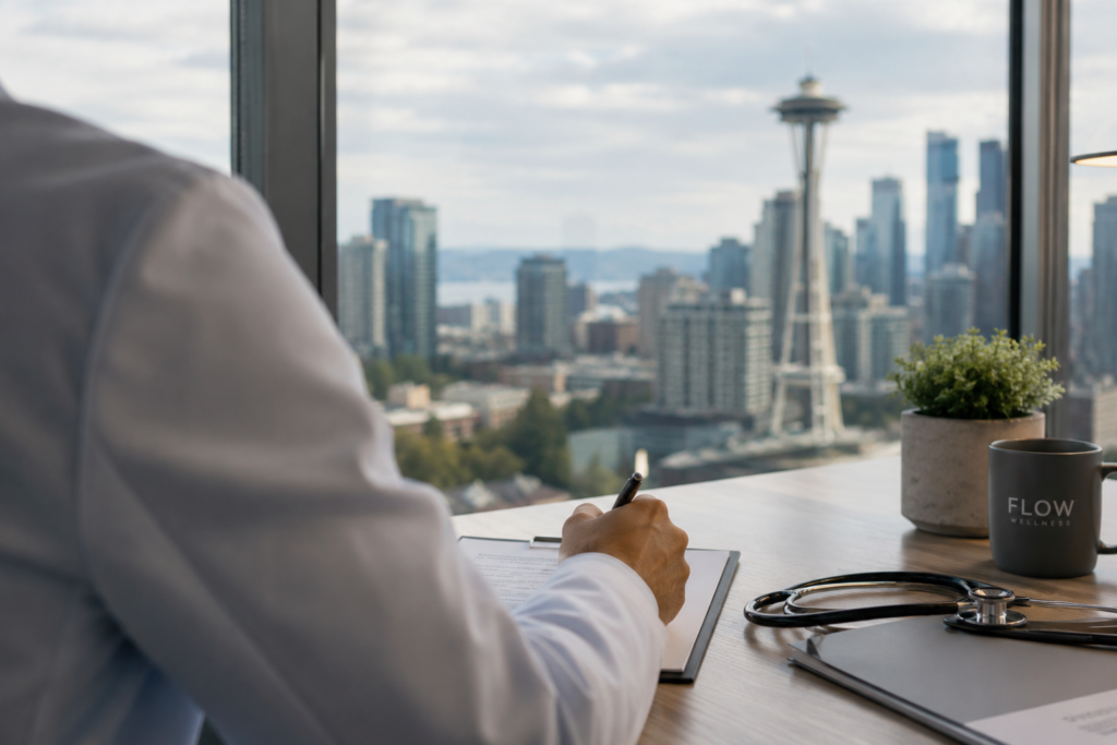 Dr Jones reviewing patient information in a Seattle medical office with expert guidance on peptide therapy for weight loss.