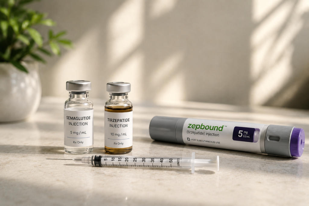 Compounded GLP-1 medication vials beside an insulin syringe and a Zepbound injection pen in natural sunlight, illustrating personalized medical weight loss treatment options at Flow Wellness.