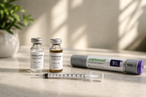 Compounded GLP-1 medication vials beside an insulin syringe and a Zepbound injection pen in natural sunlight, illustrating personalized medical weight loss treatment options at Flow Wellness.