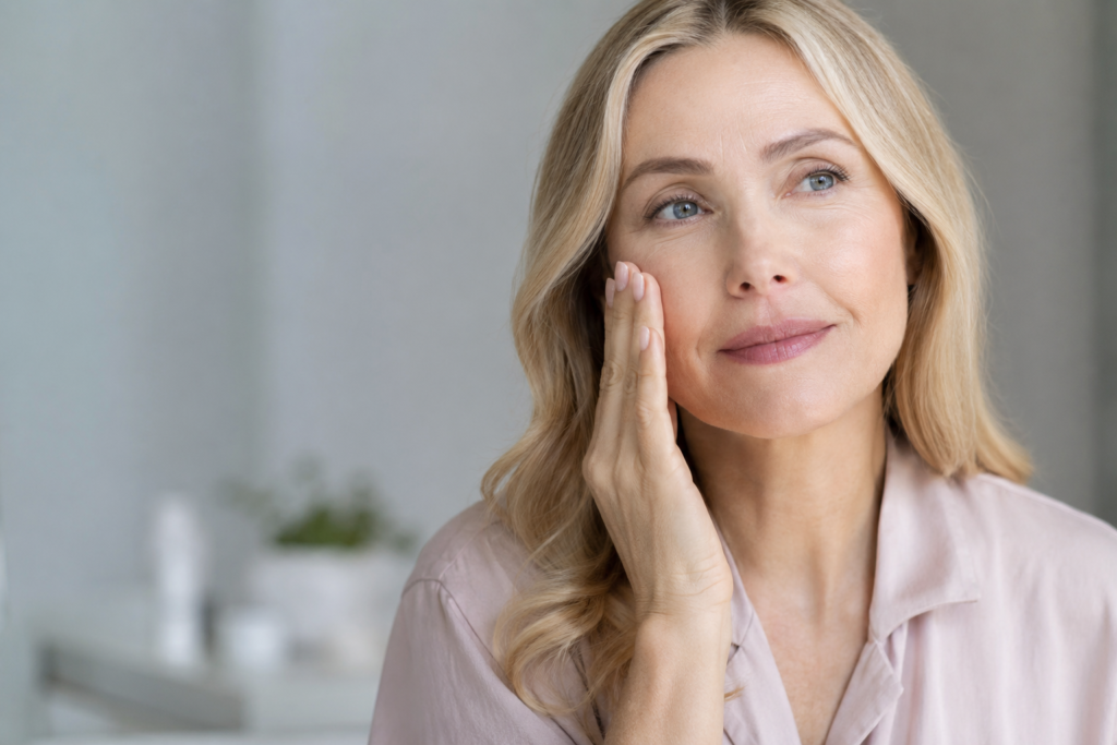Woman in her 40s with healthy glowing skin during perimenopause, gently applying skincare from Flow Wellness in a bright minimalist setting.