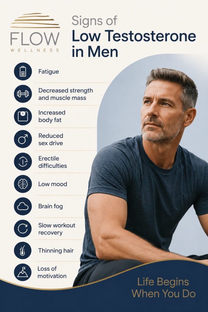Flow Wellness infographic titled “Signs of Low Testosterone in Men.” The design features the Flow Wellness logo at the top left with a clean white background, navy blue and gold branding, and a photo of a middle-aged man seated thoughtfully on the right. A vertical list of common low testosterone symptoms appears on the left with simple icons, including fatigue, decreased strength and muscle mass, increased body fat, reduced sex drive, erectile difficulties, low mood, brain fog, slow workout recovery, thinning hair, and loss of motivation. The bottom banner displays the Flow Wellness tagline, “Life Begins When You Do.”