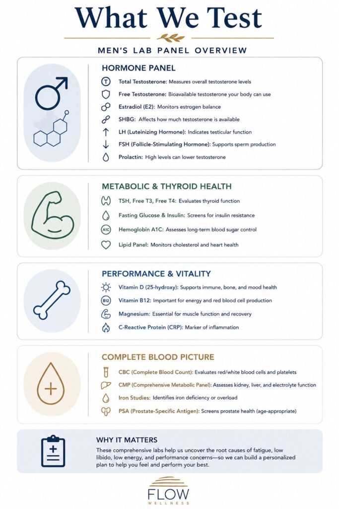Alt text: Infographic titled “What We Test: Men’s Lab Panel Overview” from Flow Wellness. The graphic outlines comprehensive laboratory testing for testosterone replacement therapy (TRT), including hormone testing (total and free testosterone, estradiol, SHBG, LH, FSH, prolactin), metabolic and thyroid health (TSH, Free T3, Free T4, fasting glucose, fasting insulin, hemoglobin A1C, lipid panel), performance and vitality markers (vitamin D, vitamin B12, magnesium, C-reactive protein), and complete blood testing (CBC, comprehensive metabolic panel, iron studies, PSA). The infographic explains that these tests help identify the underlying causes of fatigue, low libido, low energy, and reduced performance to create a personalized treatment plan. Flow Wellness logo appears at the bottom.