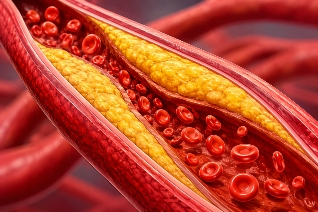 Medical illustration showing cholesterol plaque buildup narrowing an artery with red blood cells flowing through the remaining opening.