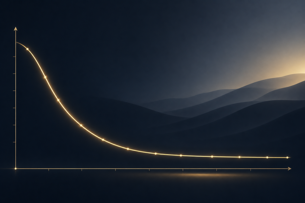 A minimalist glowing line graph on a dark background shows rapid early weight loss that gradually levels into a smooth plateau, symbolizing the expected progression of GLP-1 treatment over time.