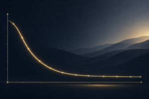 A minimalist glowing line graph on a dark background shows rapid early weight loss that gradually levels into a smooth plateau, symbolizing the expected progression of GLP-1 treatment over time.