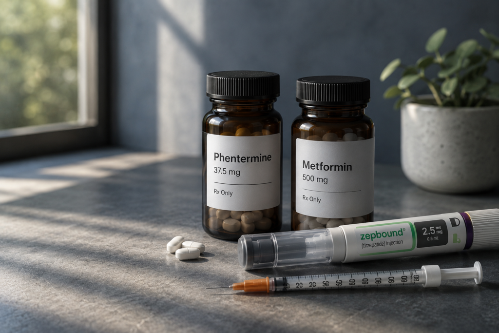 Prescription weight loss medications including phentermine, metformin, and a GLP-1 injection pen arranged on a countertop to represent personalized weight loss treatment options.