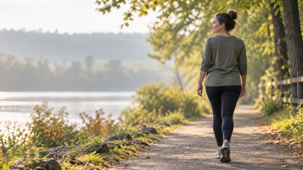 Woman walking along a peaceful lakeside trail, representing health and long-term progress after weight loss.